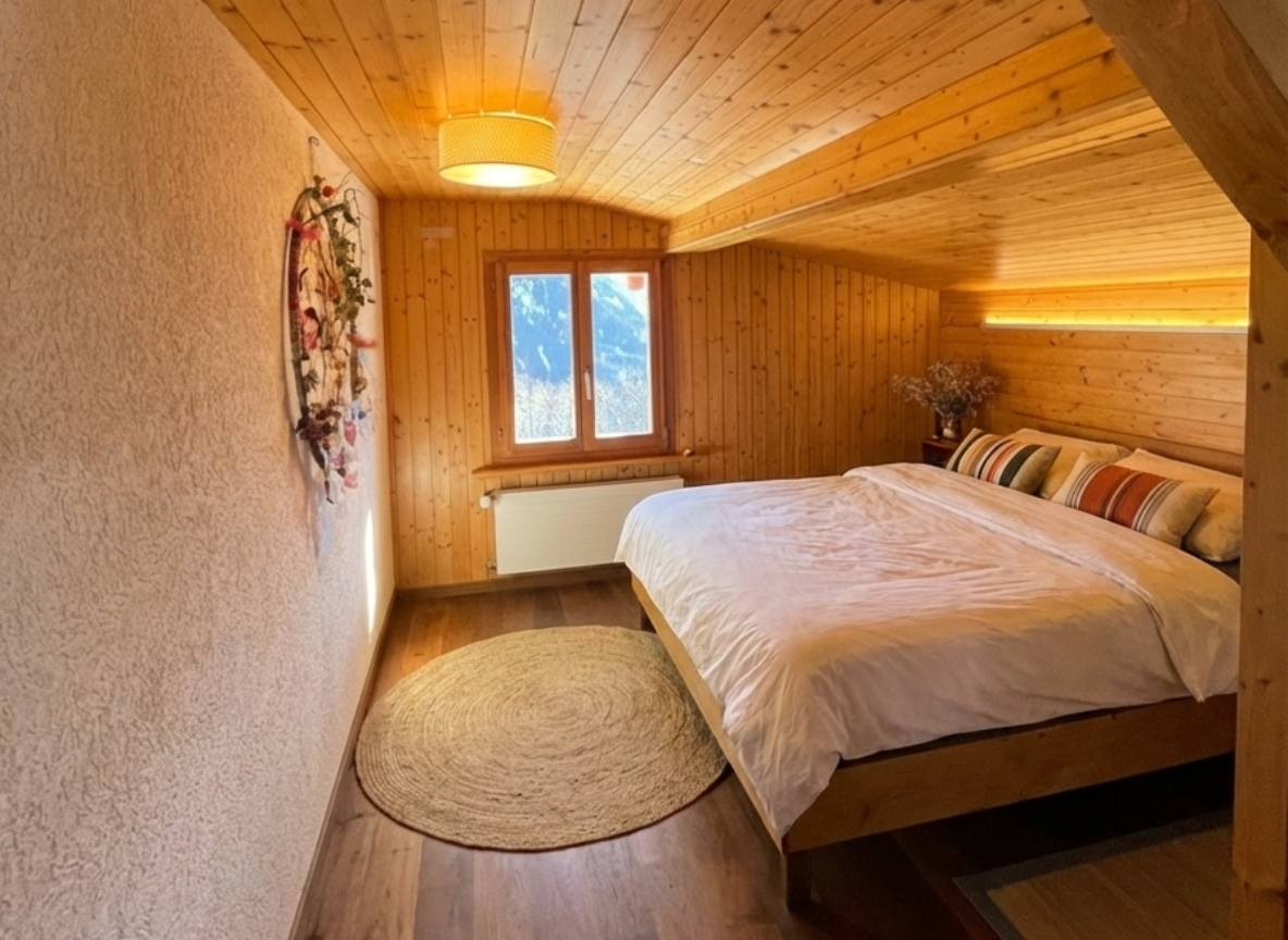 Gemütliches Dachzimmer mit Holzvertäfelung und Doppelbett