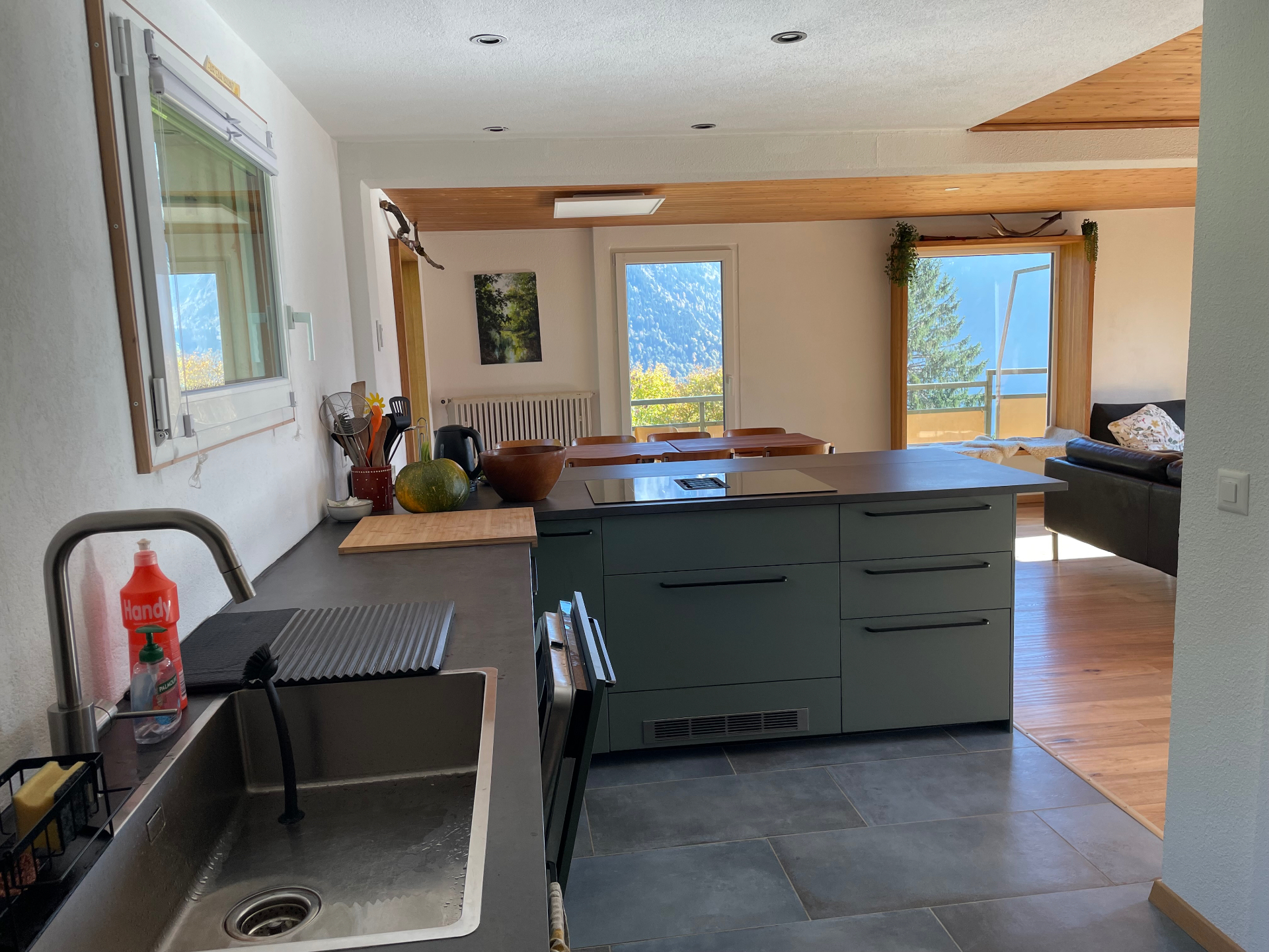 Moderne offene Küche mit Kochinsel und Blick ins Wohnzimmer